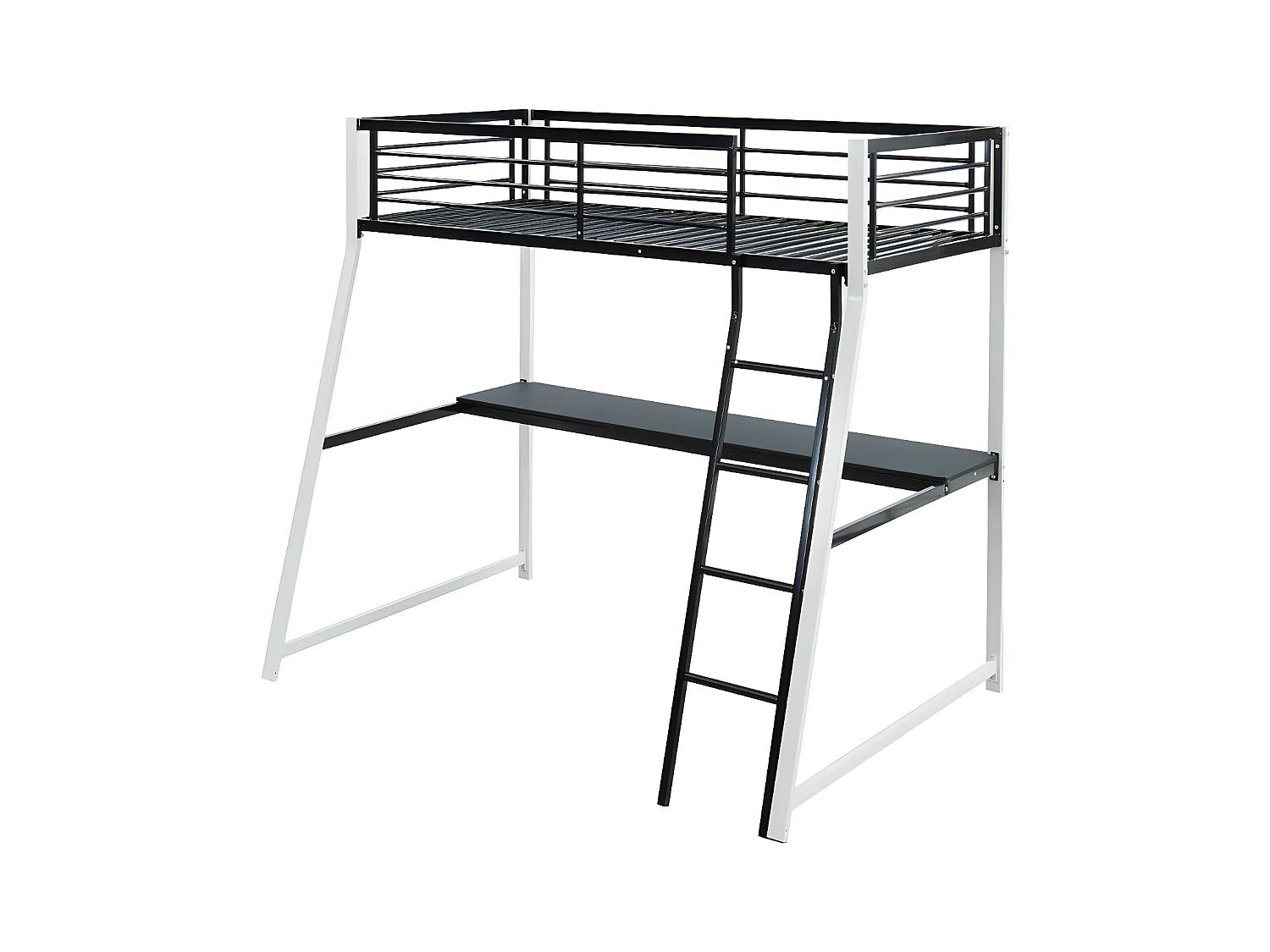 Cama alta MALICIA - 90x190 cm - Escritorio integrado - Negro y blanco
