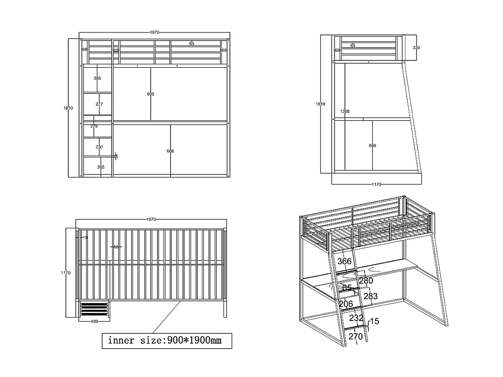 Lit mezzanine MALICIA - 90 x 190 cm - bureau intégré - Noir et blanc