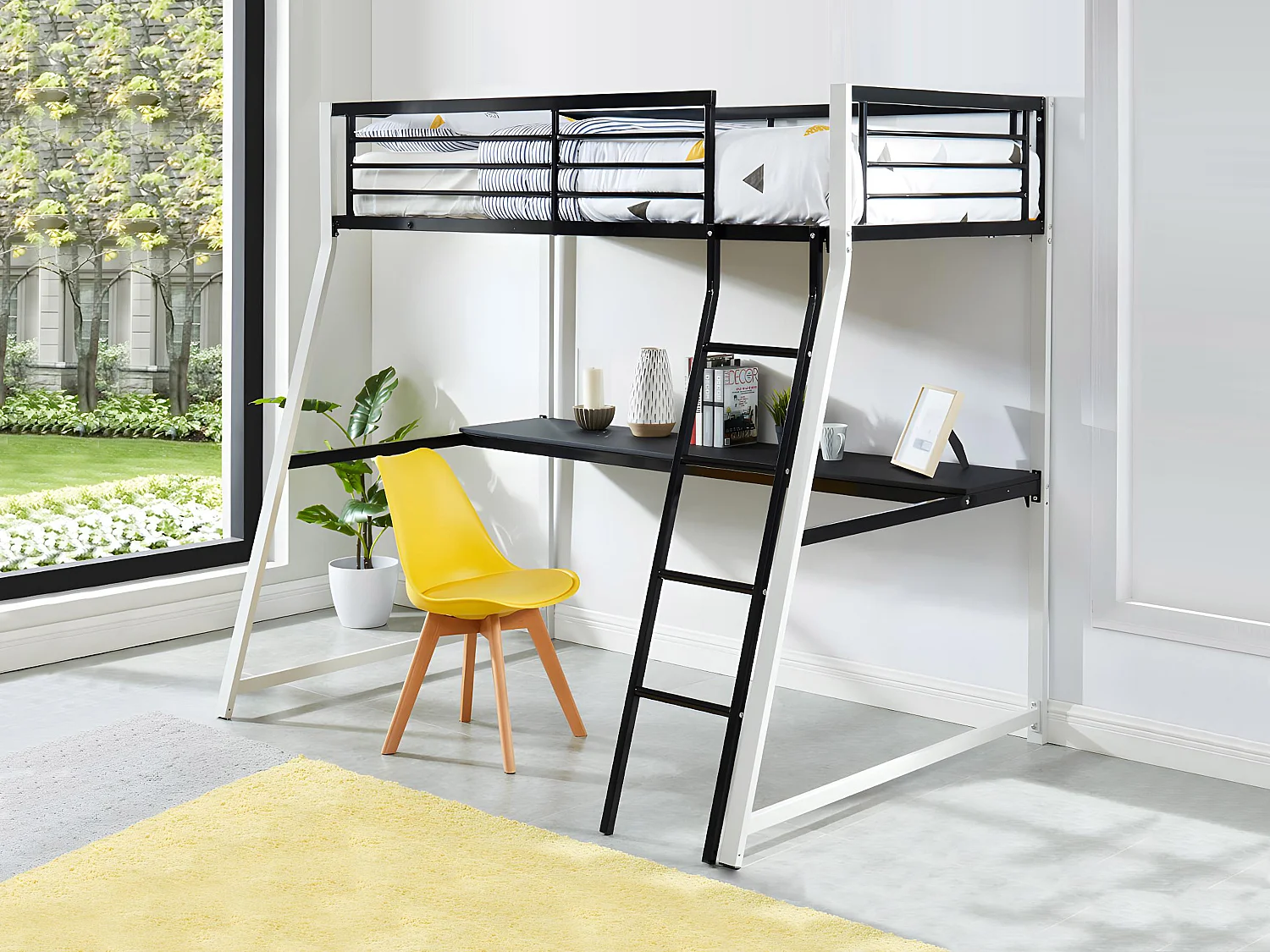 Lit mezzanine MALICIA - 90 x 190 cm - bureau intégré - Noir et blanc