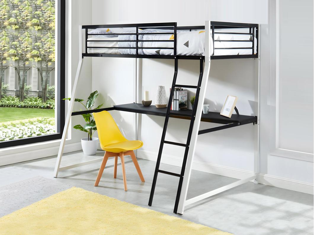 Cama alta MALICIA - 90x190 cm - Escritorio integrado - Negro y blanco