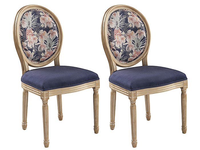 Lote de 2 sillas LOUIS XVI Terciopelo azul Motivos florales