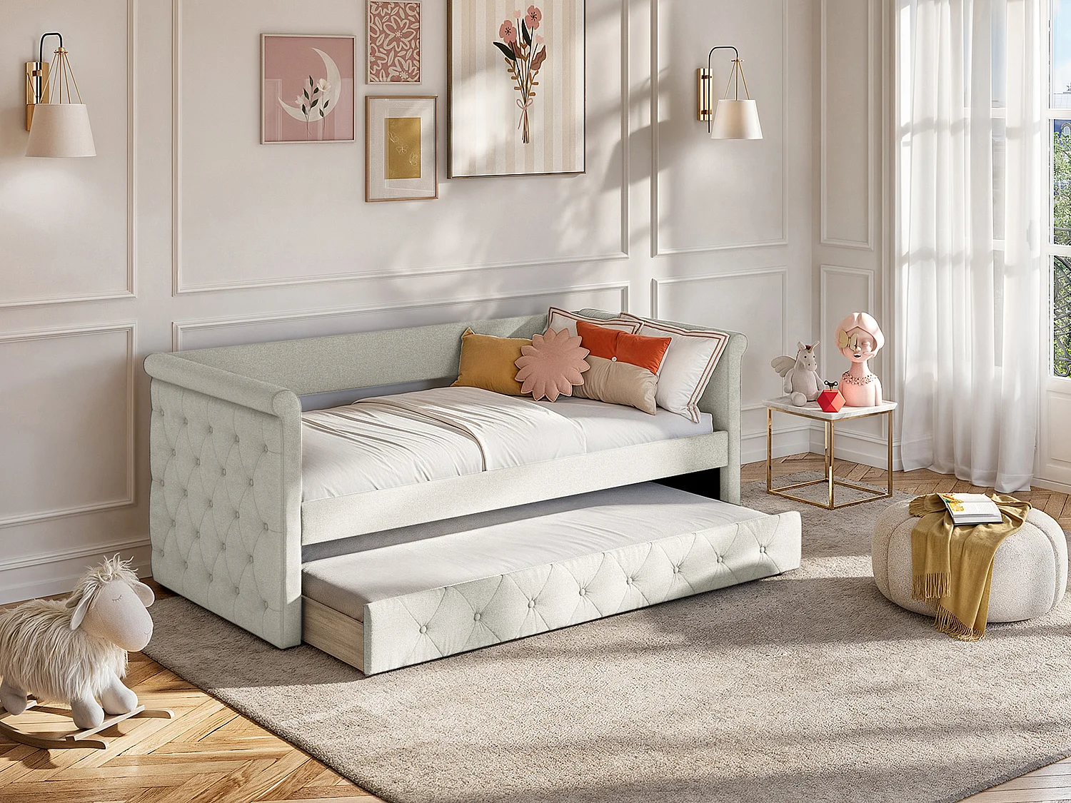Sofá cama nido capitoné - 2 x 90 x 190 cm - Tela - Beige - LOUISE