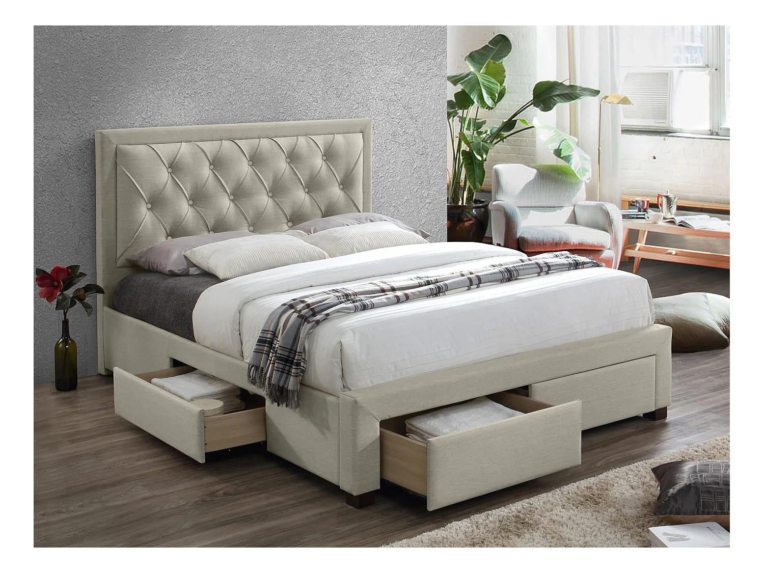 Lit avec tiroirs 180 x 200 cm - Tissu velours - Beige - LEOPOLD