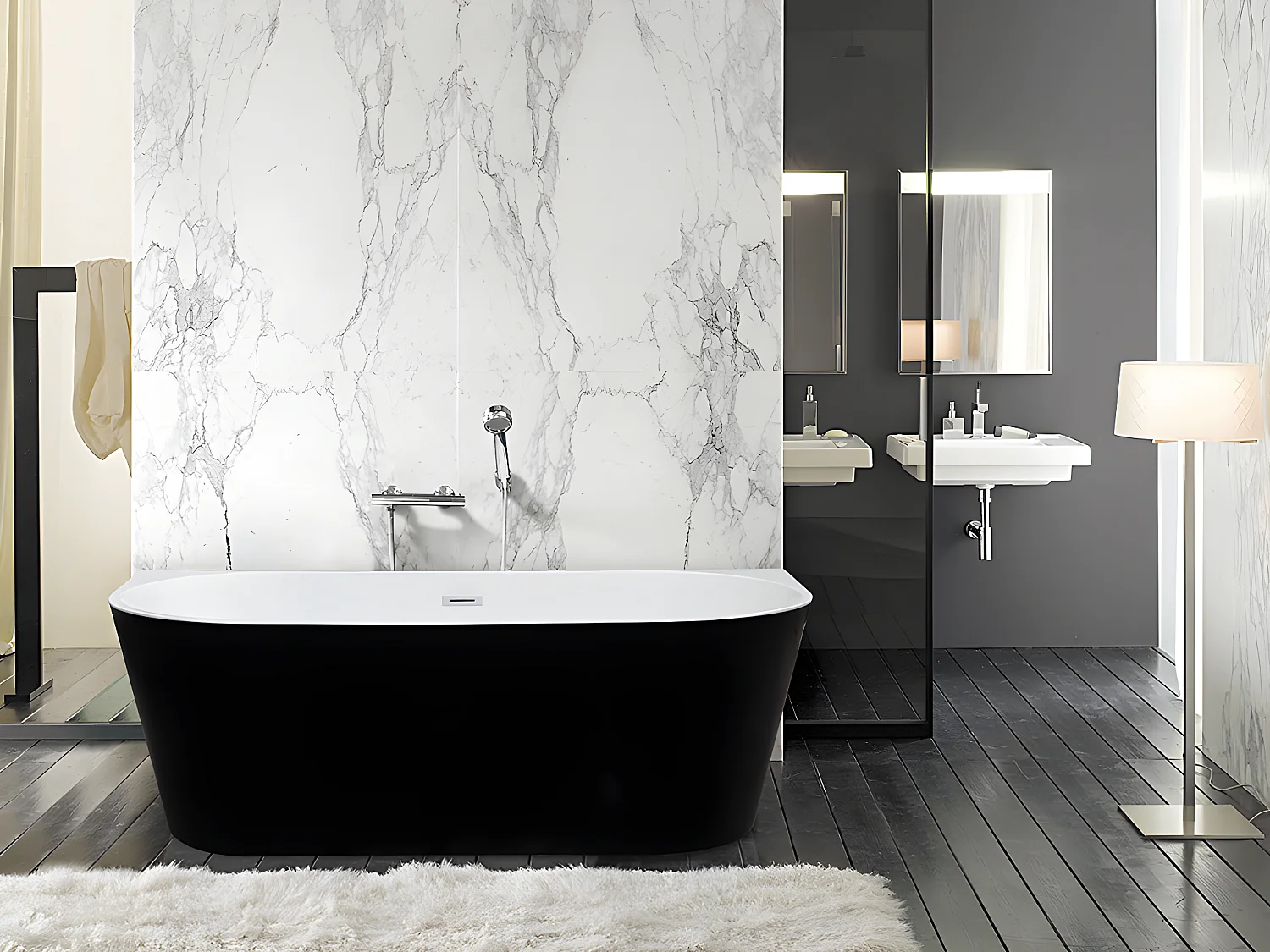 Halb freistehende Badewanne - 245L - 170 x 75 x 58 cm -  Acryl - Schwarz glänzend- DIVINA