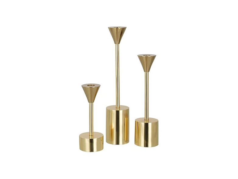 Conjunto de 3 candelabros de aluminio dorado de 7.5x7.5x37 cm