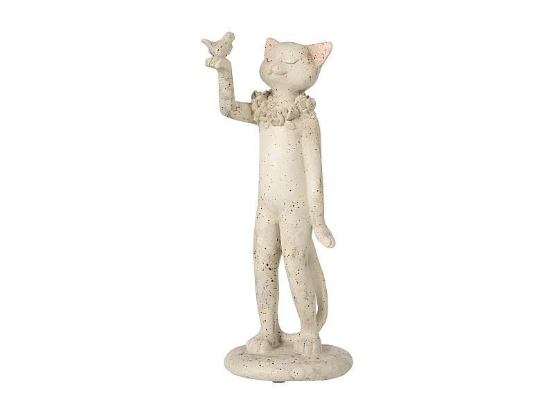 Statuette Déco "Chat avec Oiseau" 27cm Gris