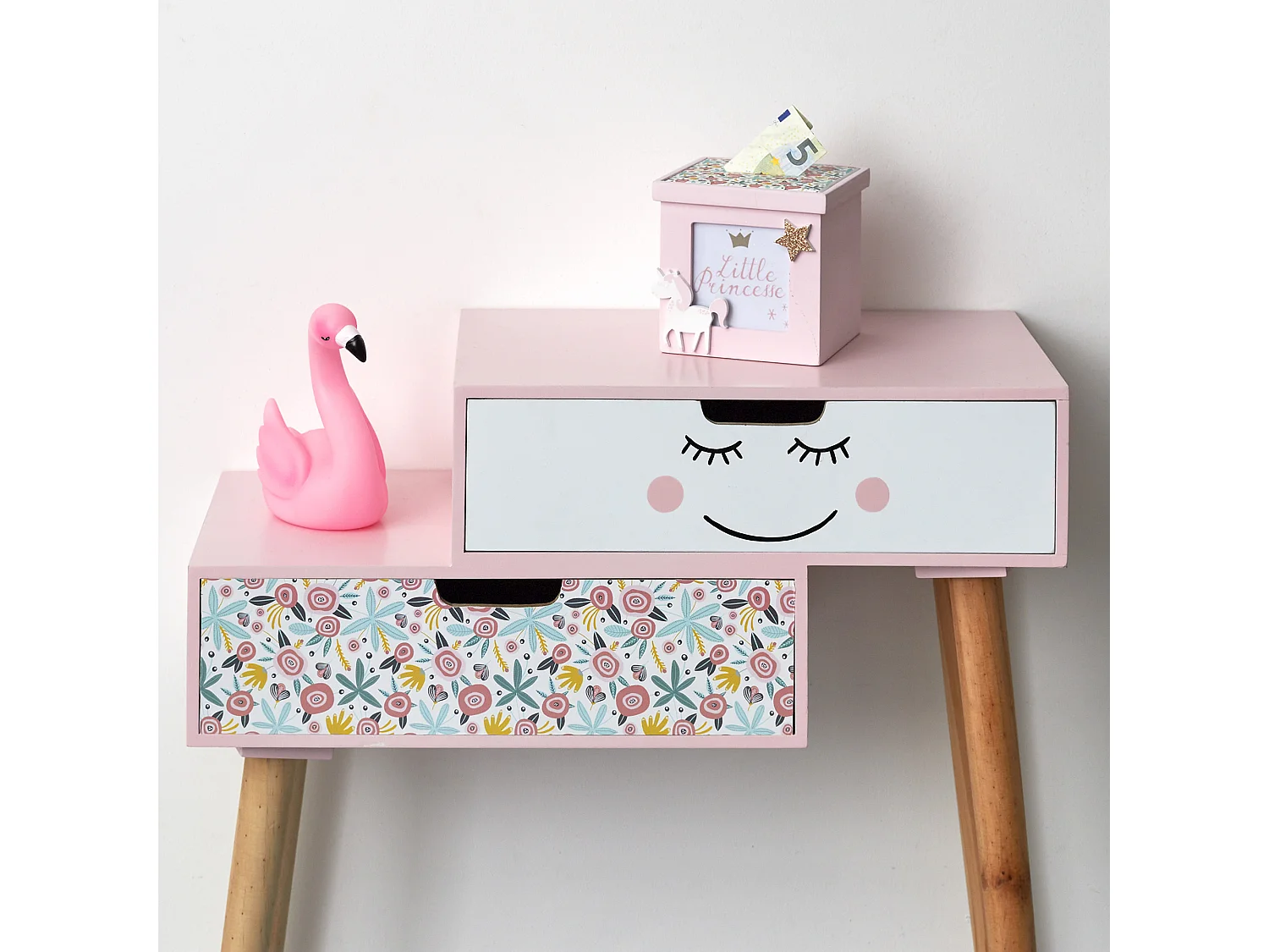 Tirelire Bois Cube Rose Blanc, Rose