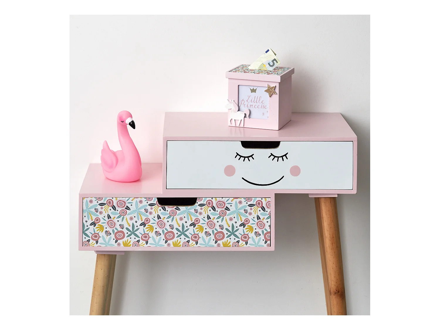 Tirelire Bois Cube Rose Blanc, Rose
