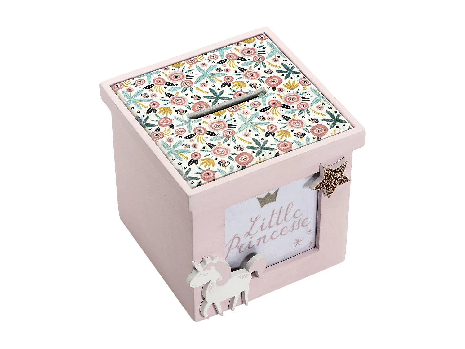 Tirelire Bois Cube Rose Blanc, Rose