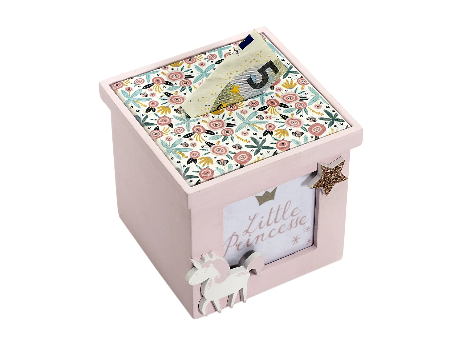 Tirelire Bois Cube Rose Blanc, Rose