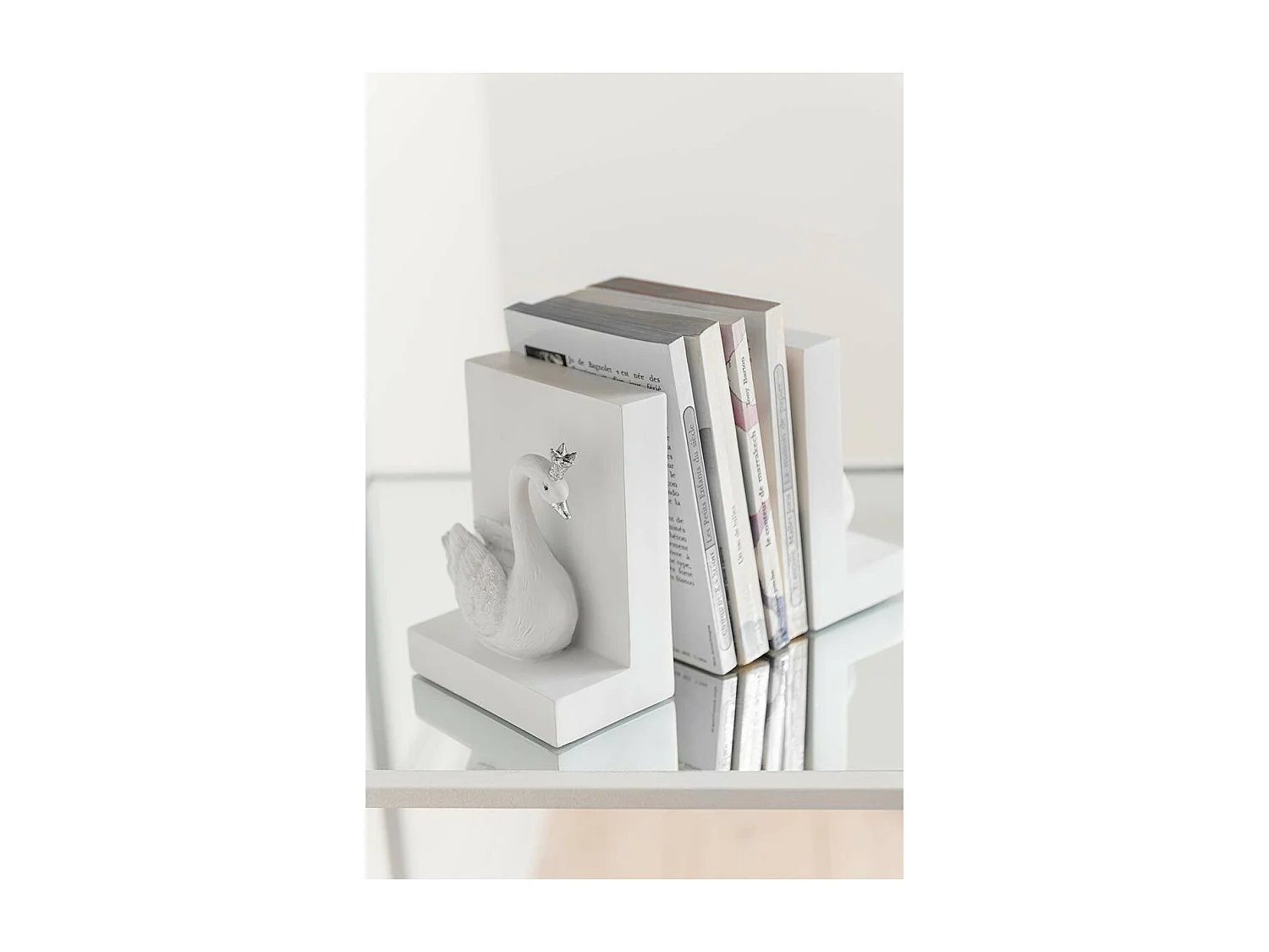 Lot de 2 Serre-Livres "Cygne" 14cm Blanc & Argent