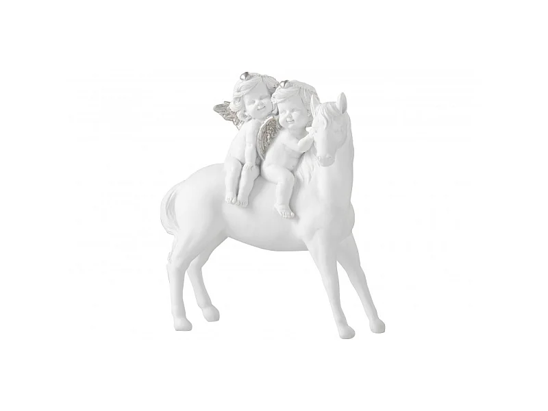 Cavallo con 2 angeli in resina bianca 19x24 cm