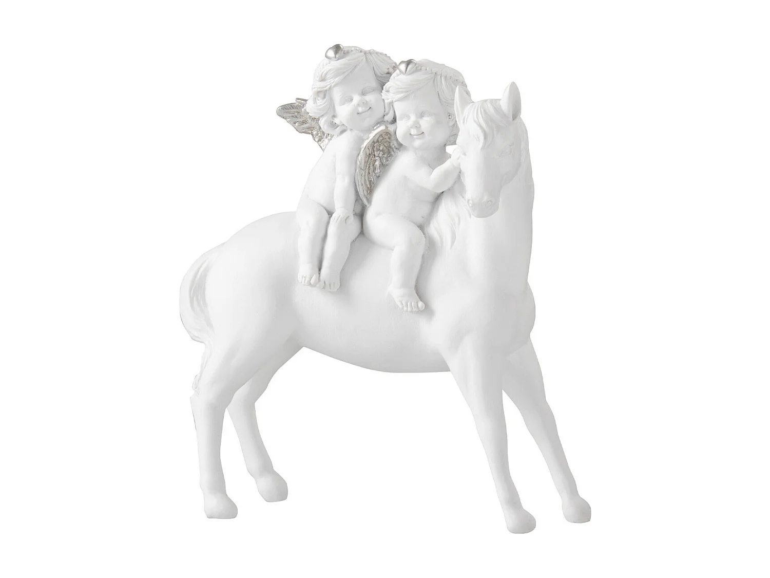 Cavallo con 2 angeli in resina bianca 19x24 cm