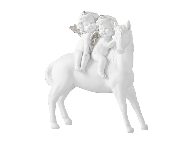 Cavallo con 2 angeli in resina bianca 19x24 cm