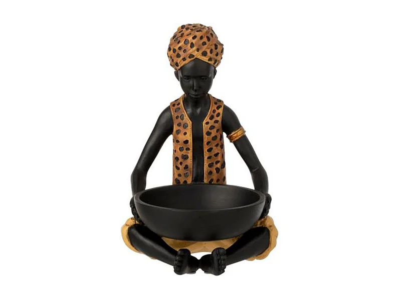 Statuette Déco "Garçon Assis" 26cm Noir & Naturel