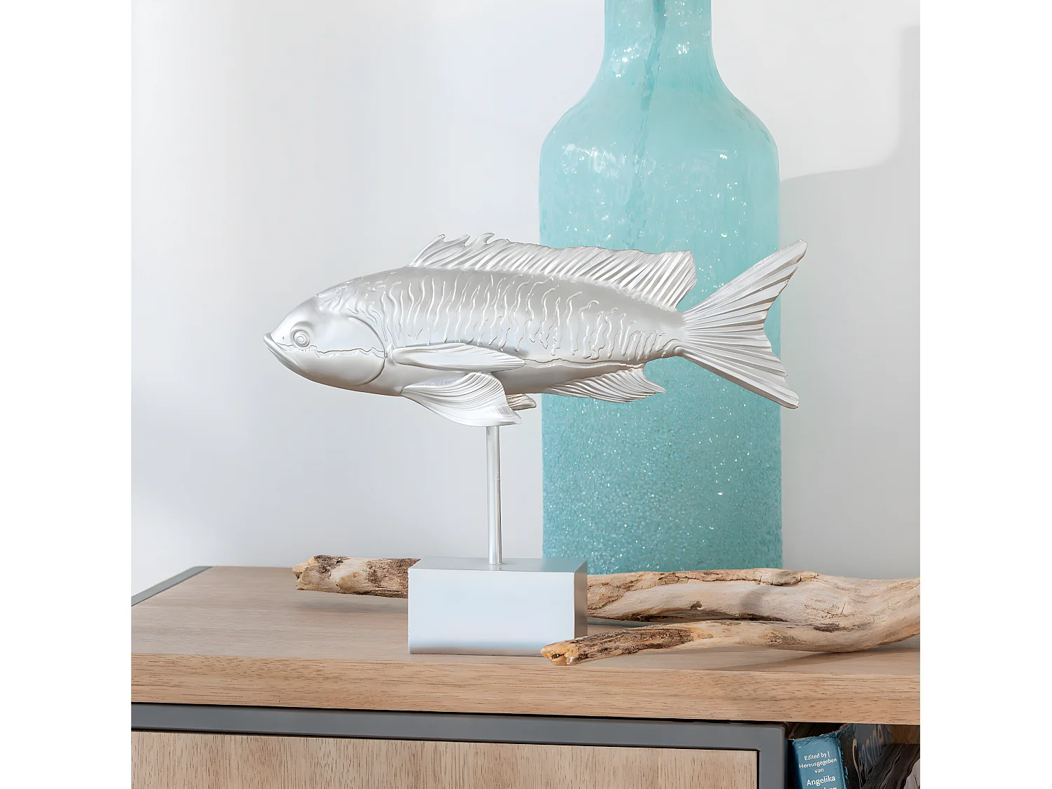 Statue Déco sur Pied "Poisson Long" 33cm Argent