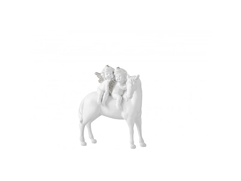 Caballo con 2 ángeles de resina blanca 14x18cm