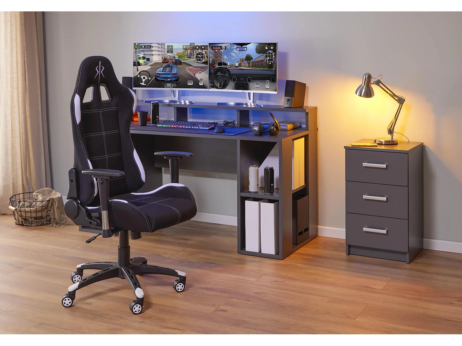 MatchPoint Schreibtisch gaming, mit Ablagen grau.