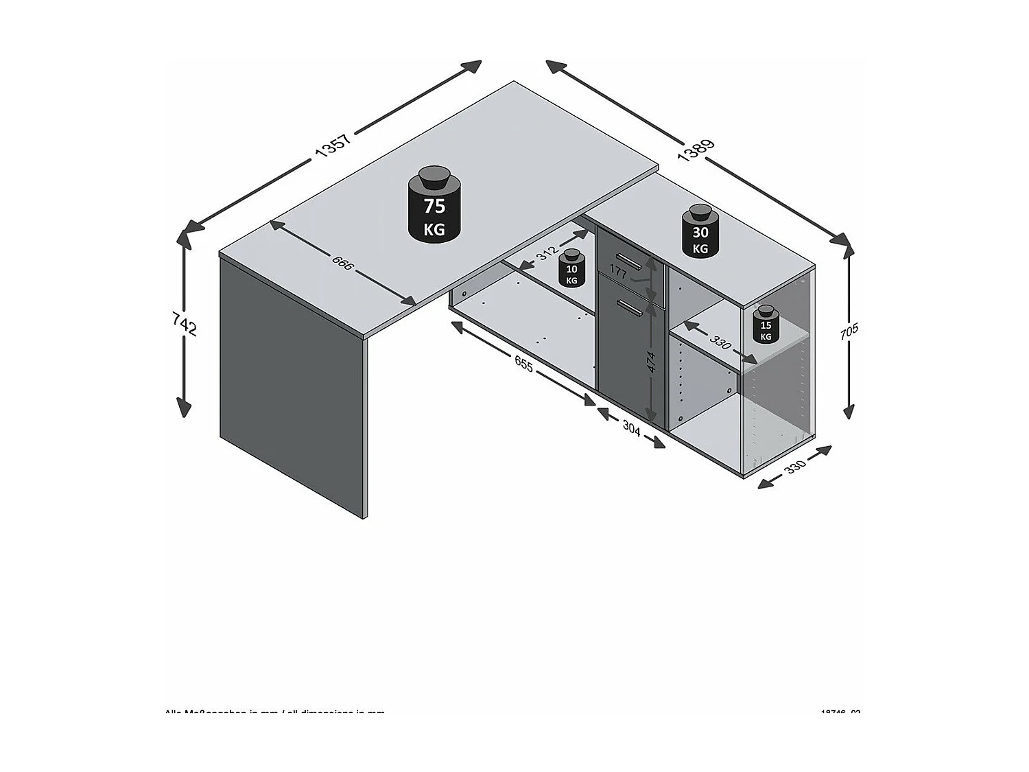 Bureau d'Angle Modulable avec Caisson, Tiroir et Étagères de Rangements - Lex