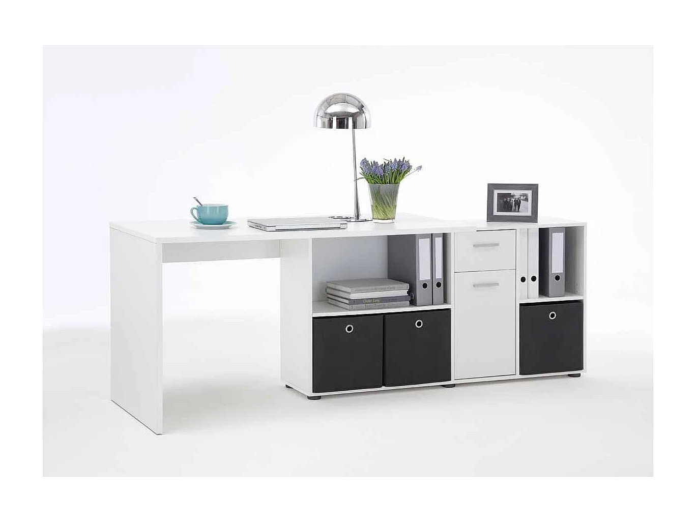 Bureau d'Angle Modulable avec Caisson, Tiroir et Étagères de Rangements - Lex