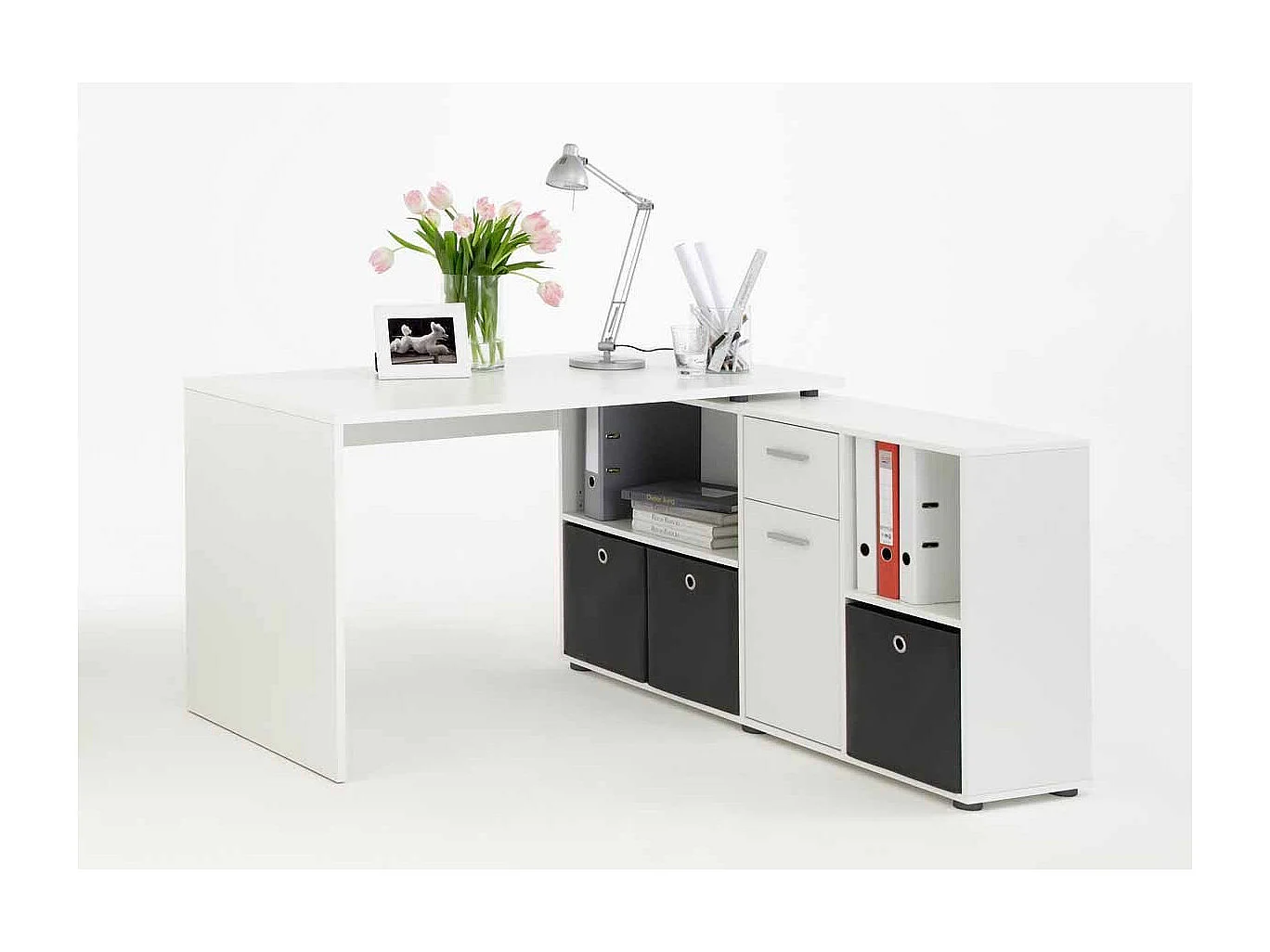 Bureau d'Angle Modulable avec Caisson, Tiroir et Étagères de Rangements - Lex