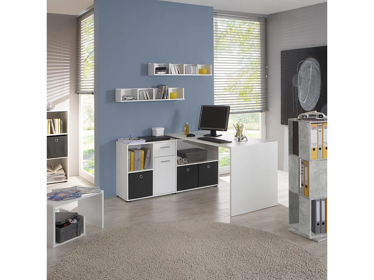 Bureau d'Angle Modulable avec Caisson, Tiroir et Étagères de Rangements - Lex