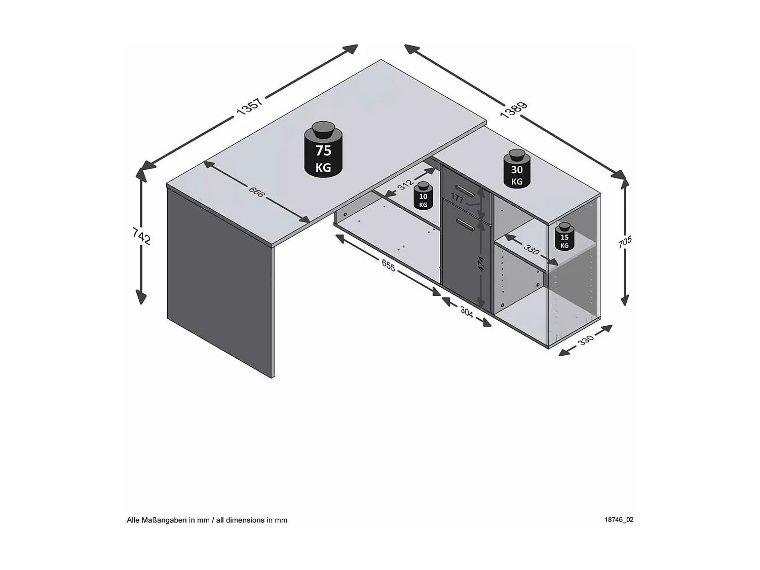 Bureau d'Angle Réversible "Oxela" 135cm Noir