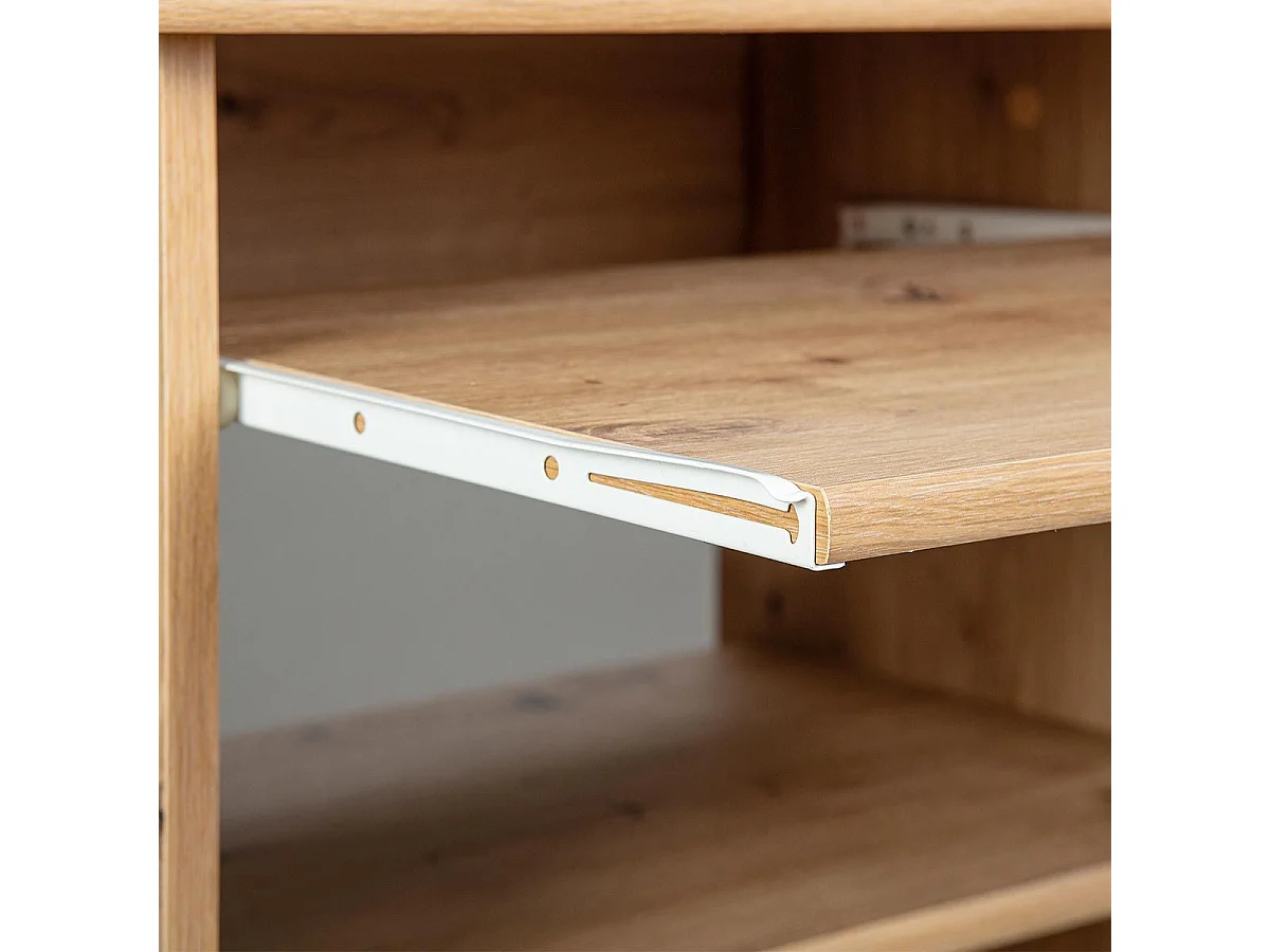 Escritorio Addu 1 estante para teclado, 4 ruedas, 1 compartimento de almacenamiento, decoración artesanal de roble.