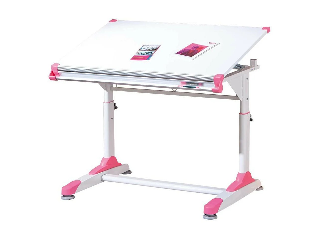 Liggend kinderbureau in wit hout, roze en groene decoratie Colo