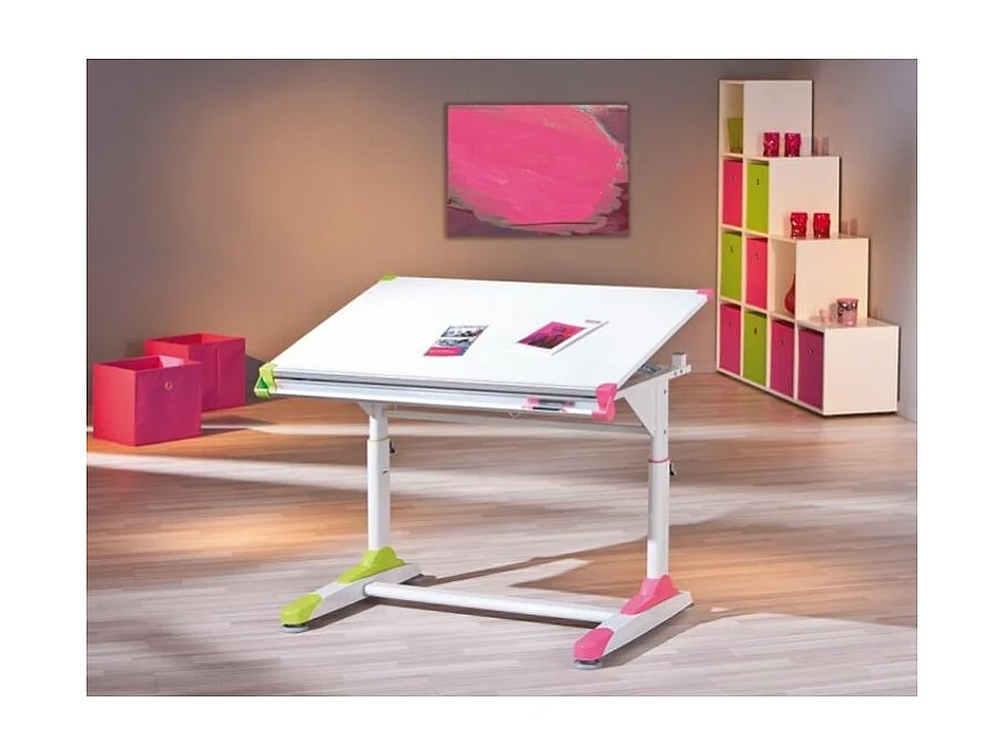 Liggend kinderbureau in wit hout, roze en groene decoratie Colo