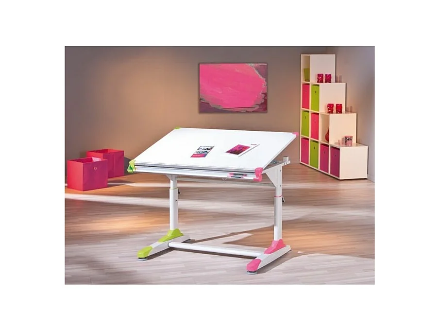 Table pour enfants inclinable "2Colorido" - Blanc/Rose/Vert - L 100 x P 66 x H 69-84 cm