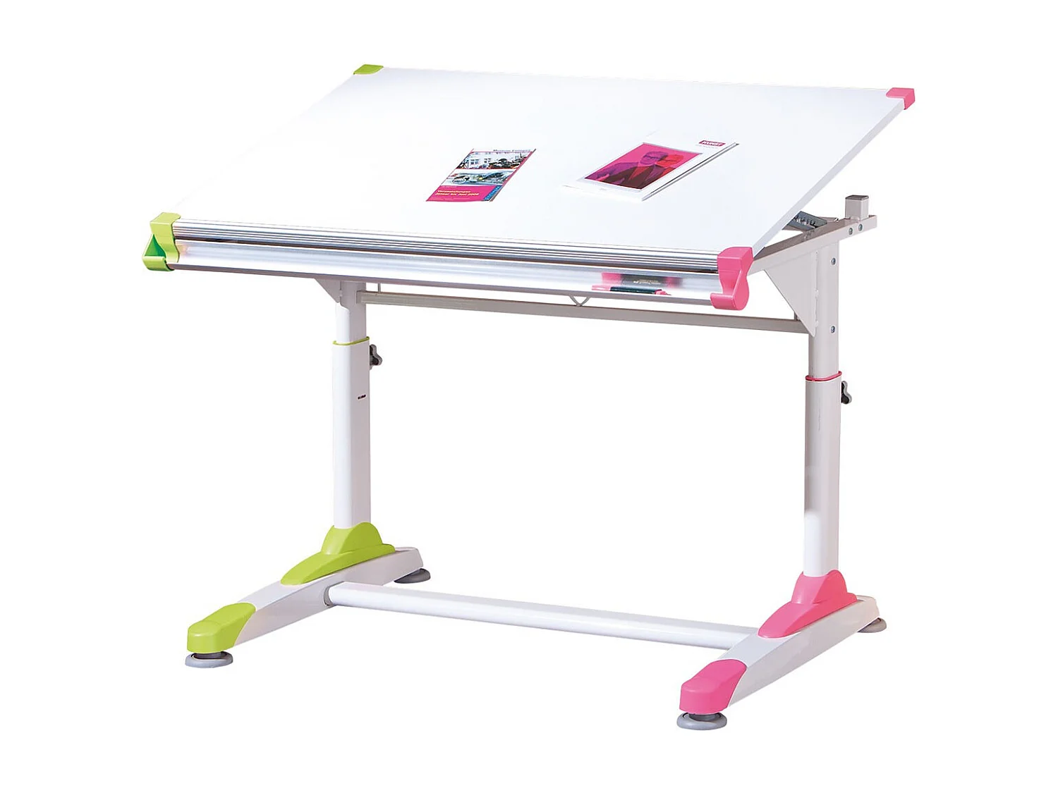 Table pour enfants inclinable "2Colorido" - Blanc/Rose/Vert - L 100 x P 66 x H 69-84 cm