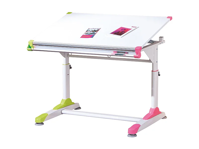 Table pour enfants inclinable "2Colorido" - Blanc/Rose/Vert - L 100 x P 66 x H 69-84 cm