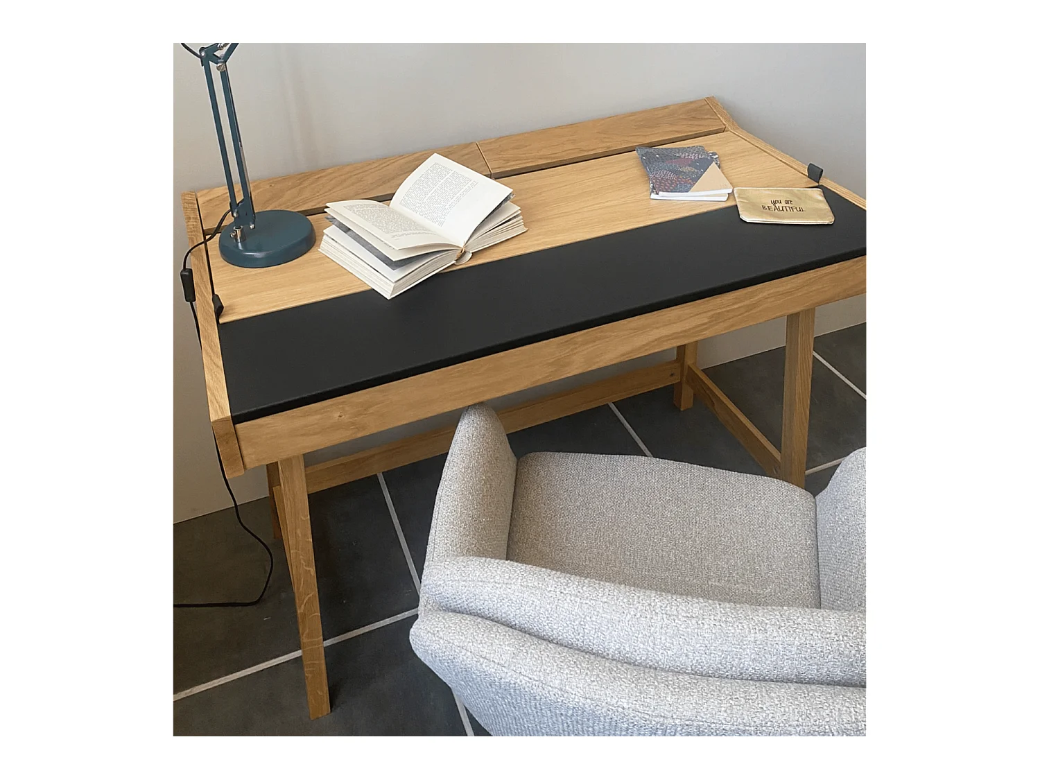 Bureau Secrétaire avec Rangement "Brompton" 108cm Chêne & Noir