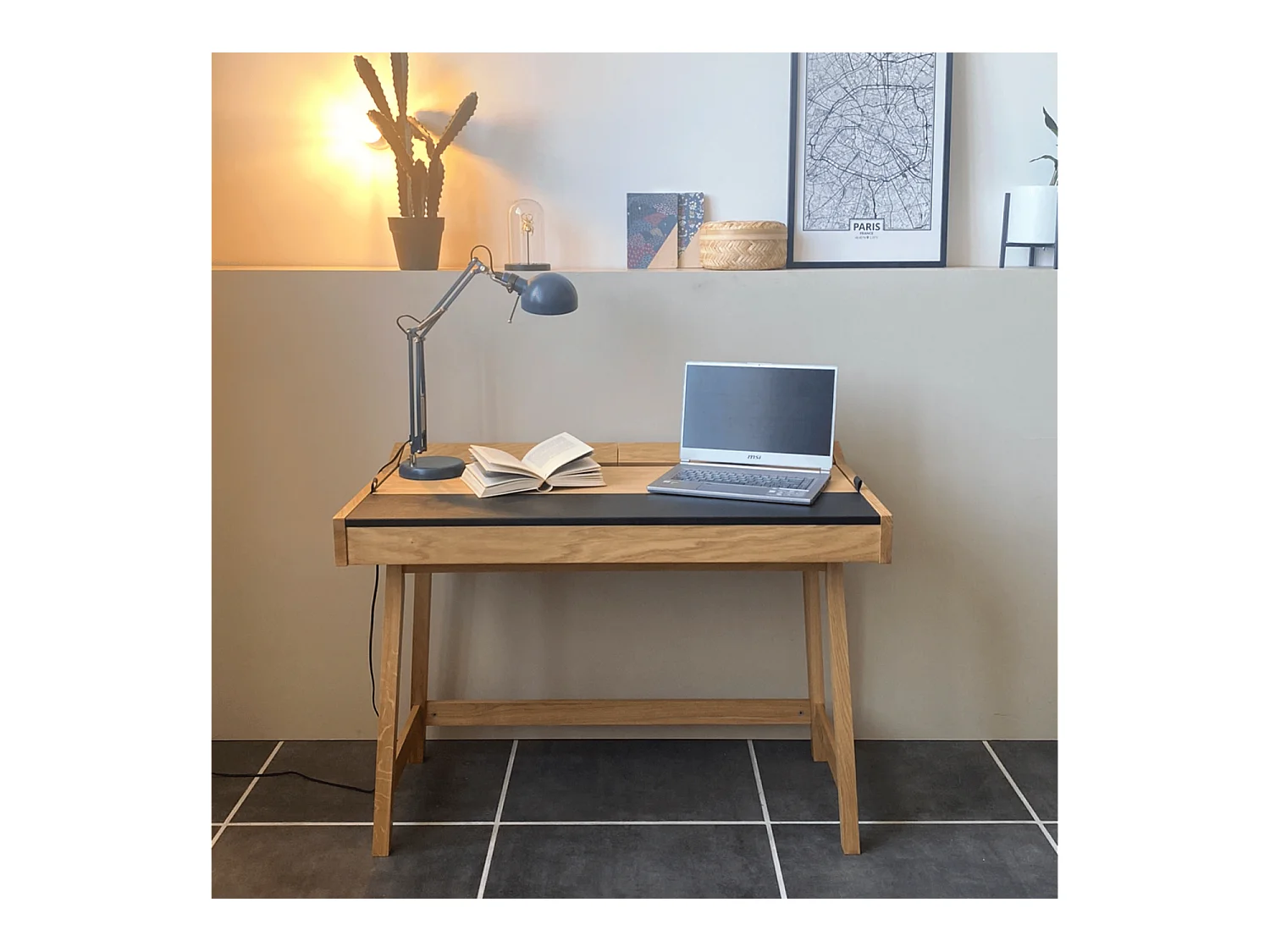Bureau Secrétaire avec Rangement "Brompton" 108cm Chêne & Noir