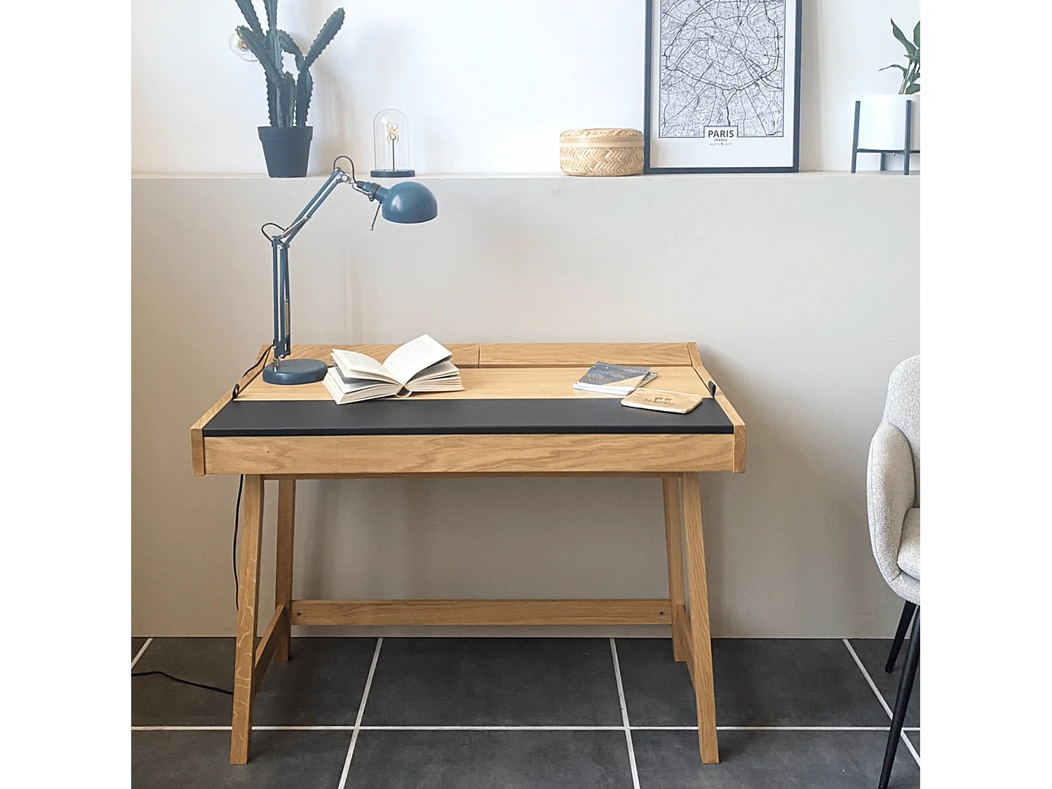 Bureau Secrétaire avec Rangement "Brompton" 108cm Chêne & Noir