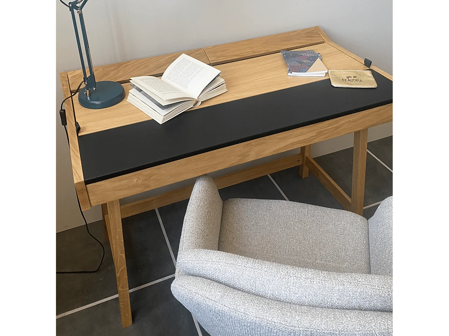 Bureau Secrétaire avec Rangement "Brompton" 108cm Chêne & Noir