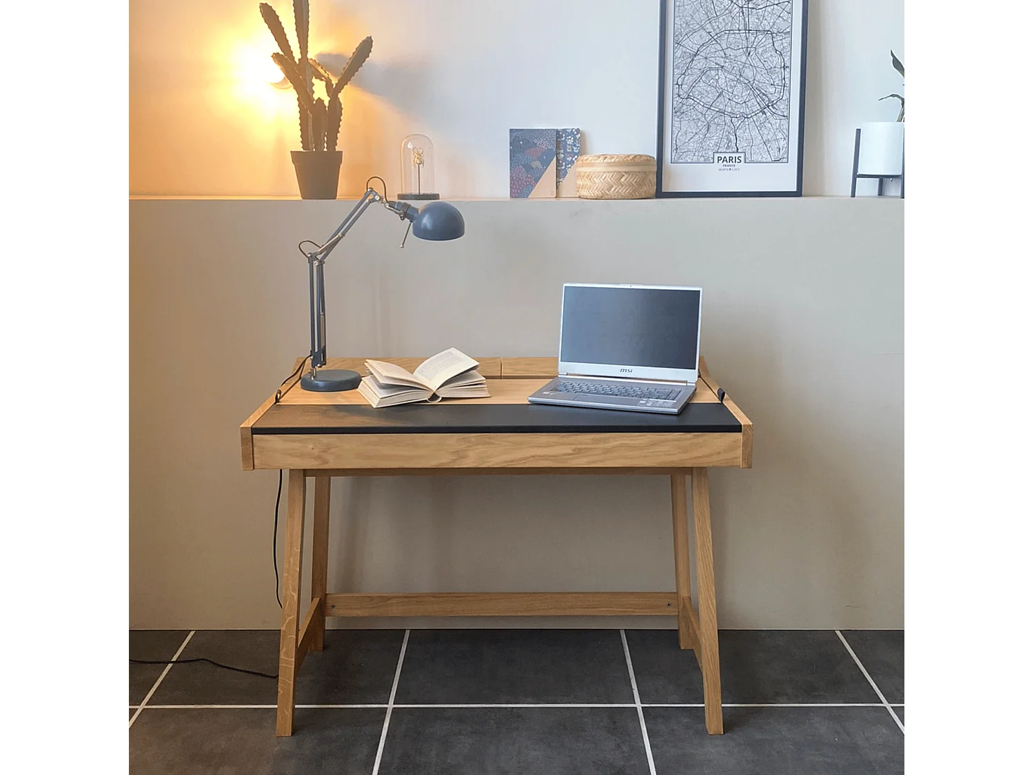 Bureau Secrétaire avec Rangement "Brompton" 108cm Chêne & Noir