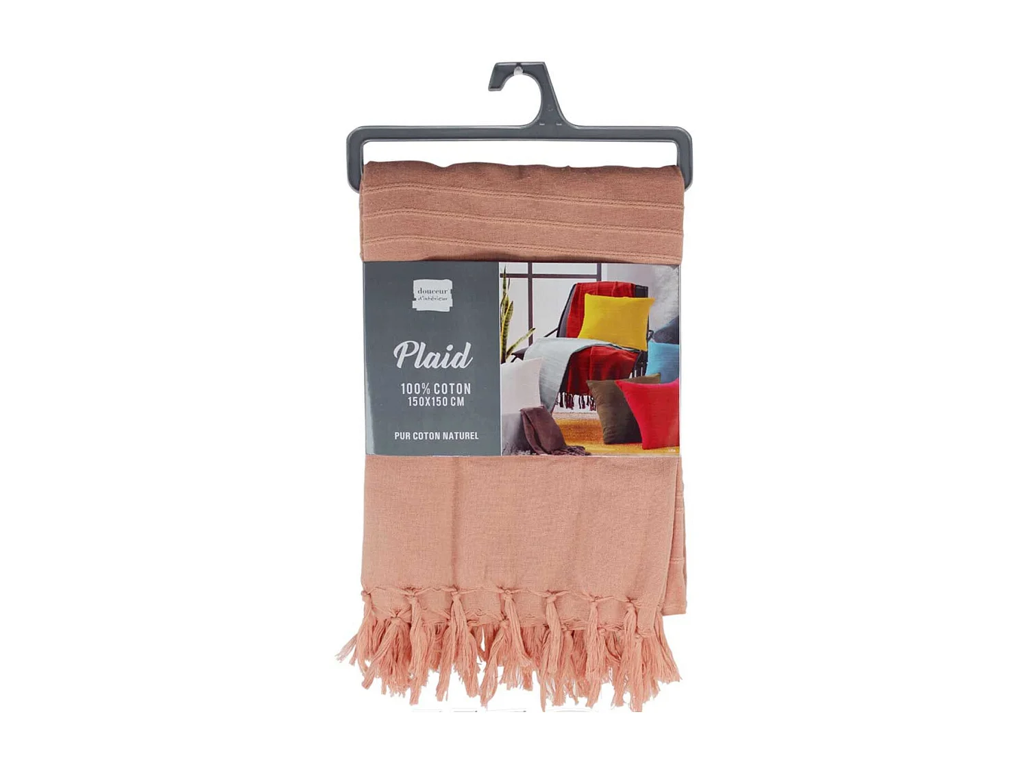Plaid Uni à Franges "Lilia" 150x150cm Pêche