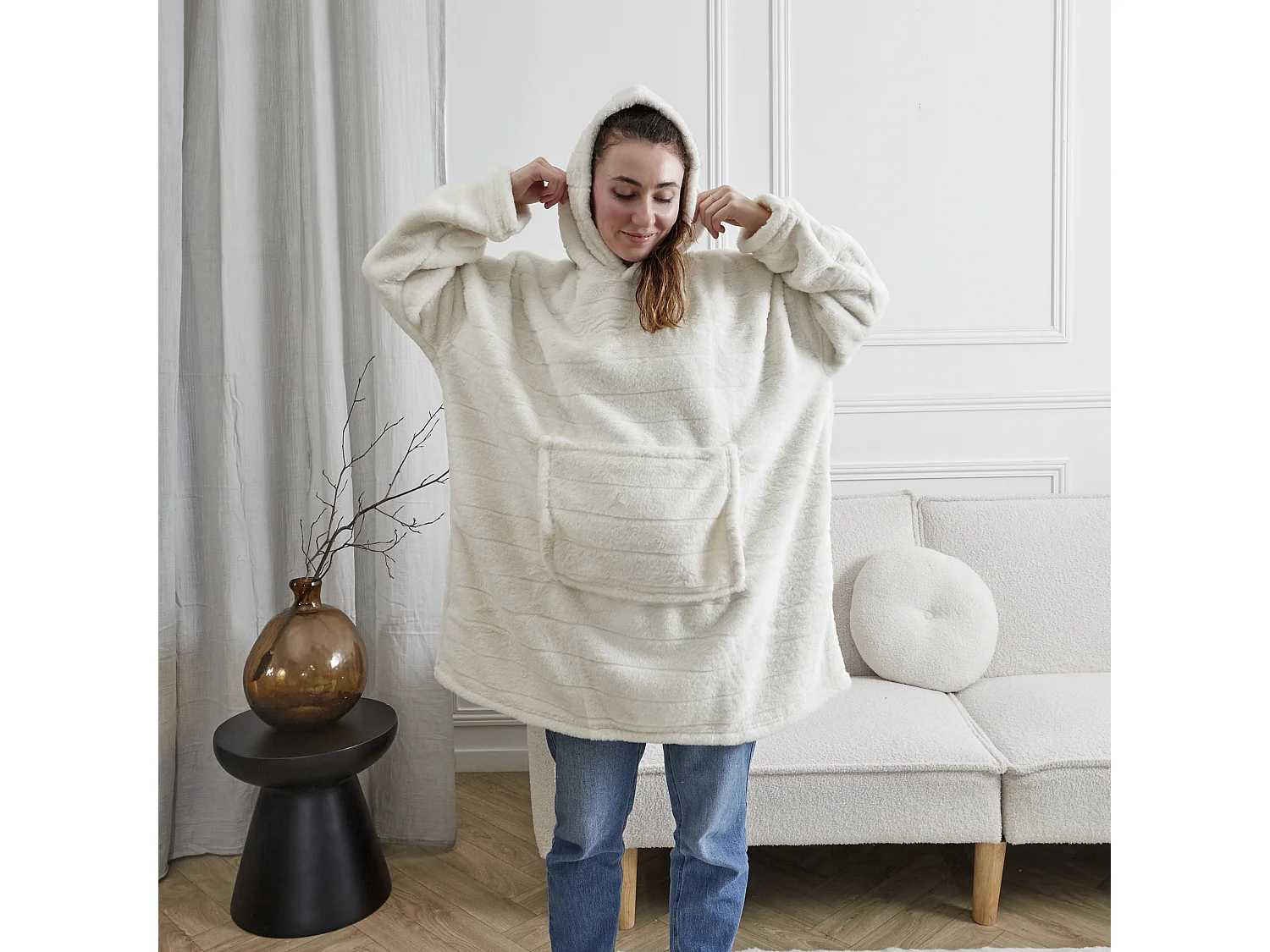 Sweat Plaid Fausse Fourrure Blanc Blanc