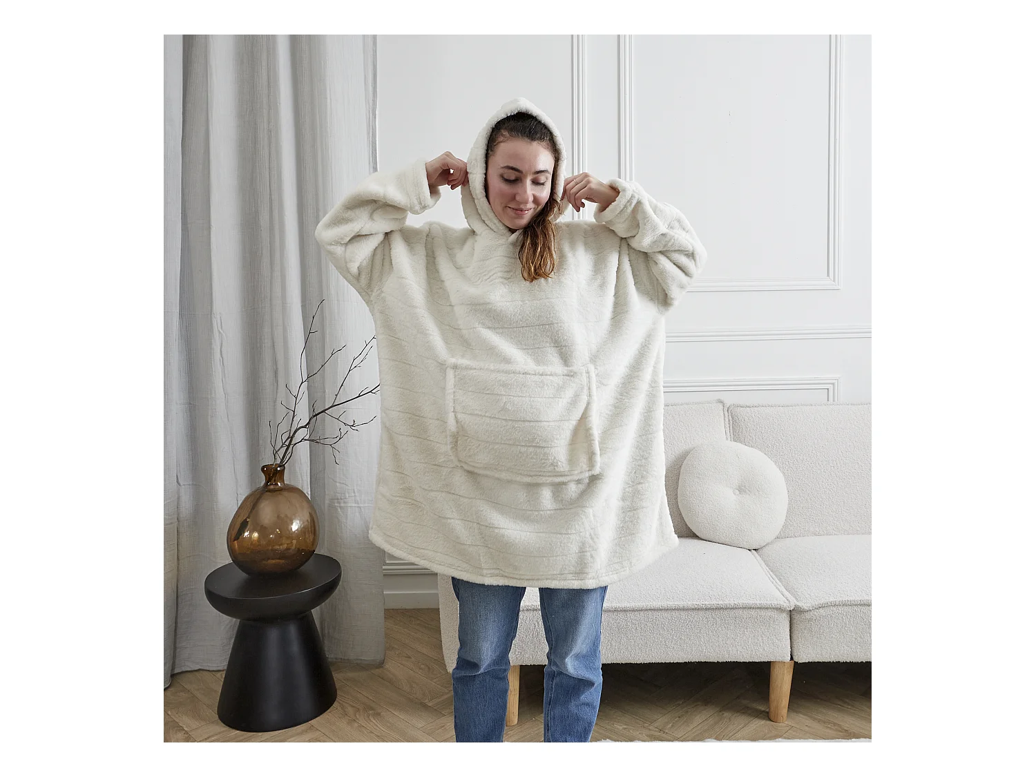 Sweat Plaid Fausse Fourrure Blanc Blanc