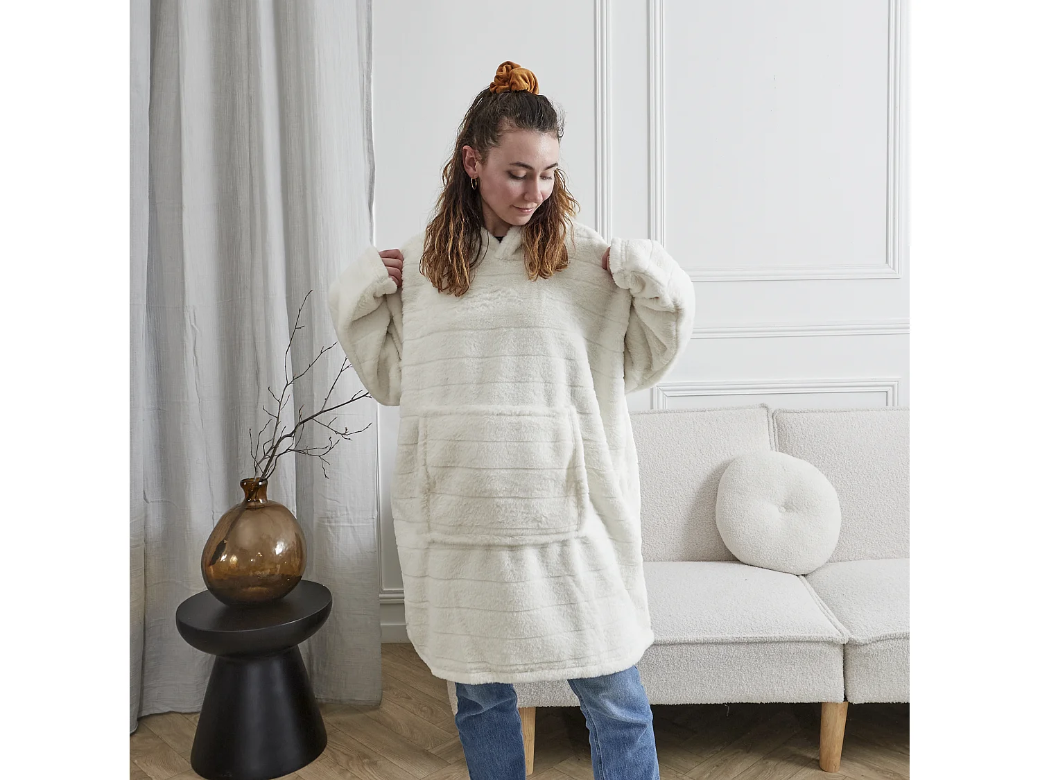 Sweat Plaid Fausse Fourrure Blanc Blanc