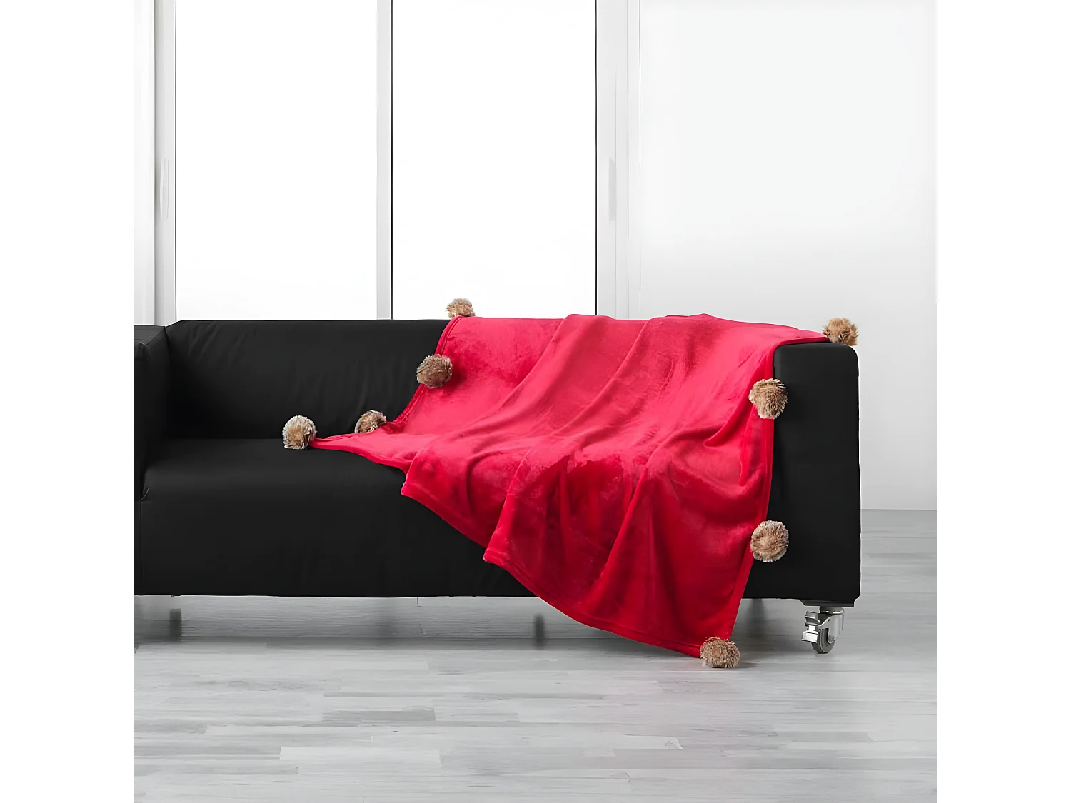 Plaid Flanelle Pompons "Snowy" 125x150cm Rouge