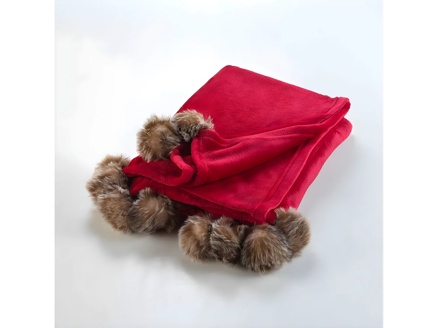 Plaid Flanelle Pompons "Snowy" 125x150cm Rouge