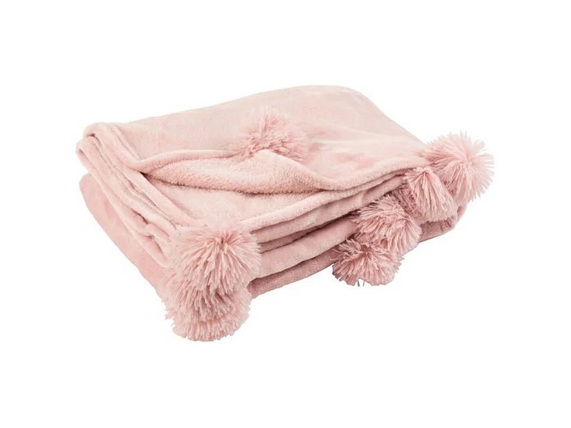 Plaid Déco à Pompons "Polyes" 130x170cm Rose Bébé
