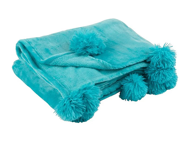 Plaid Déco à Pompons "Polyes" 130x170cm Bleu Azur