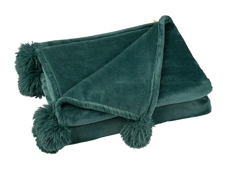 Manta con pompones de poliéster verde oscuro 173x126cm
