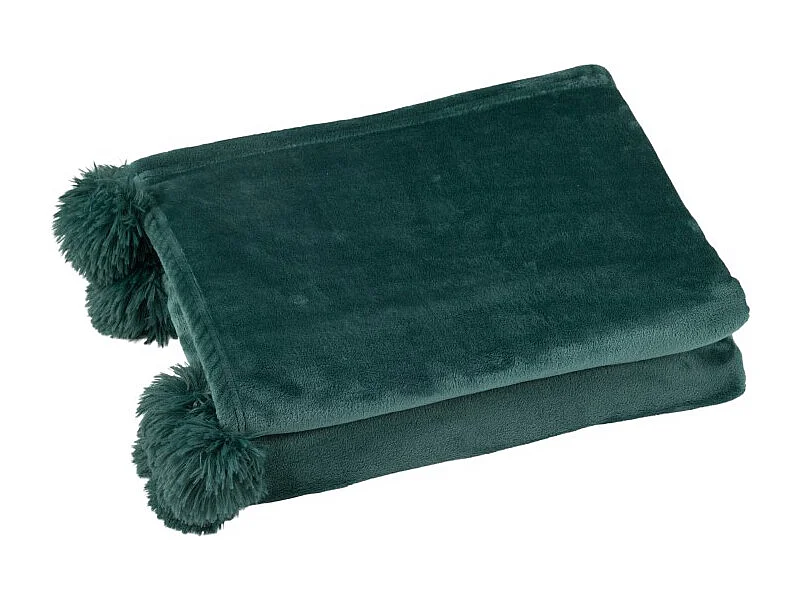 Manta con pompones de poliéster verde oscuro 173x126cm