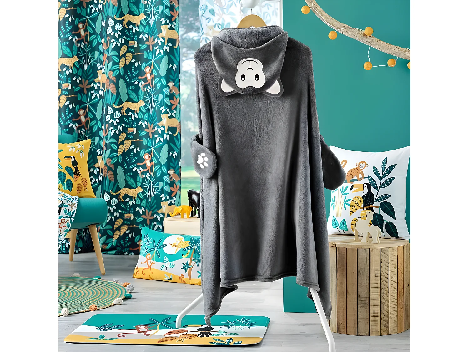 Plaid à Capuche Enfant "Singe" 100x120cm Gris