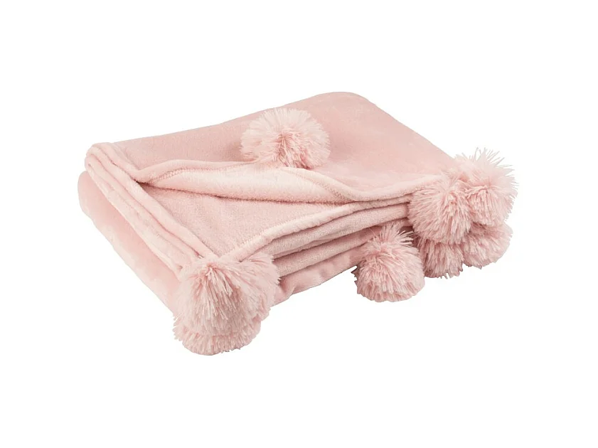 Plaid Déco à Pompons "Polyes" 130x170cm Rose Poudré